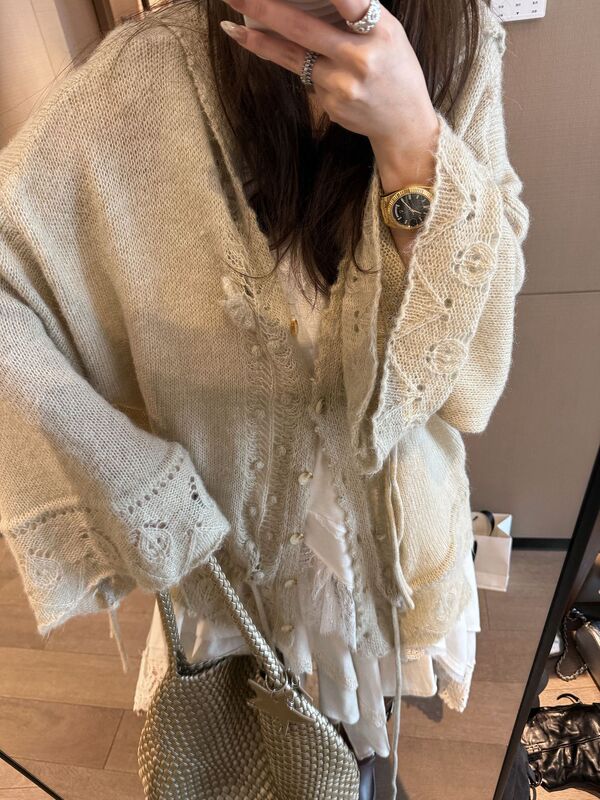 重工韩系慵懒松弛感钩花针织连帽大开衫女薄款羊毛针织衫毛衣|undefined
