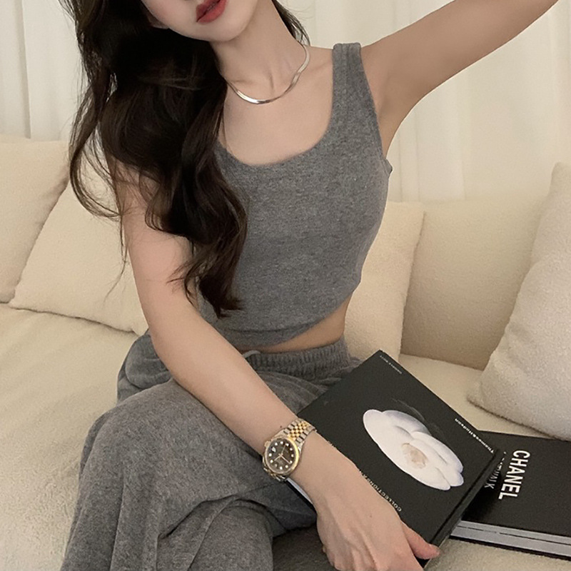 Autumn Lazy Pure Desire Short Style with Naked Navel for Slimming Tank Top, High Waist, Hanging Wide Leg Pants,_voghion.com