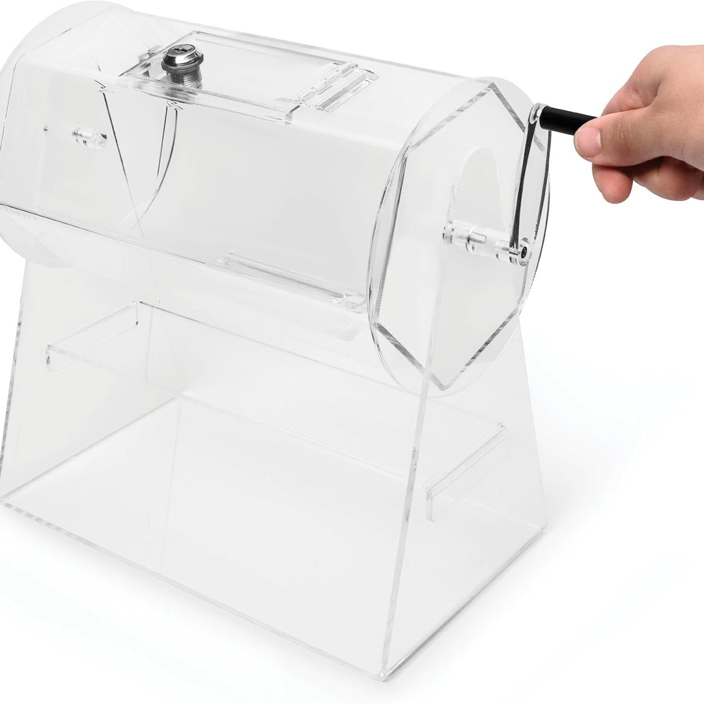 带手柄的亚克力抽奖鼓 可容纳2500张门票旋转器带推拉门抽奖盒