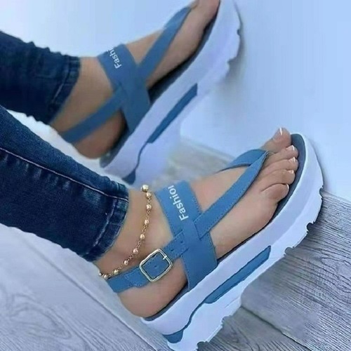 European and American Cross-border New Arrival Women's Sandals for Autumn and Summer — Women's Strappy Thick-Soled Height-Increasing Solid-Color Casual Shoes, Size 43, for Plus-Size Women