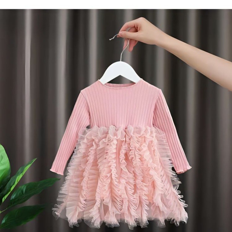 Girls' Long-Sleeve Cotton Dress with Tulle Skirt, New Trendy Fairy-Style Baby Puffy Dress for Spring and Autumn, Popular on Social Media