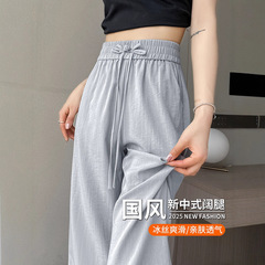 女性用の高級ワイドレッグパンツ、夏用の薄い日焼け止め綿とリネンのアイスシルククールナローバージョンの新しい中国風のストレートパンツ