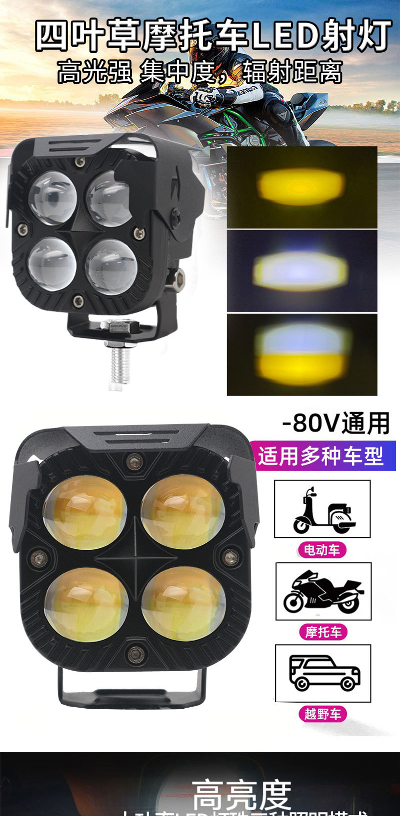 40W White Yellow Spotlight Motorcycle Headlight with Cover
