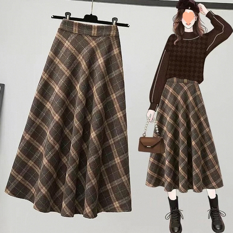 Brown Plaid Woolen Skirt for Women, Spring and Autumn, High-Waisted, Plus Size, Slimming, Pear-Shaped Body, Mid-Length A-Line Skirt