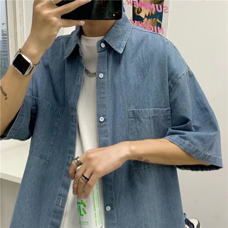 Summer Denim Short-Sleeved Shirt Men's Hong Kong Style Trendyy Youth Retro Casual Bf Style Loose Cardigan Half-Sleeved Jacket