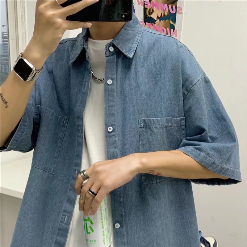 Summer Denim Short-Sleeved Shirt Men's Hong Kong Style Trendyy Youth Retro Casual Bf Style Loose Cardigan Half-Sleeved Jacket