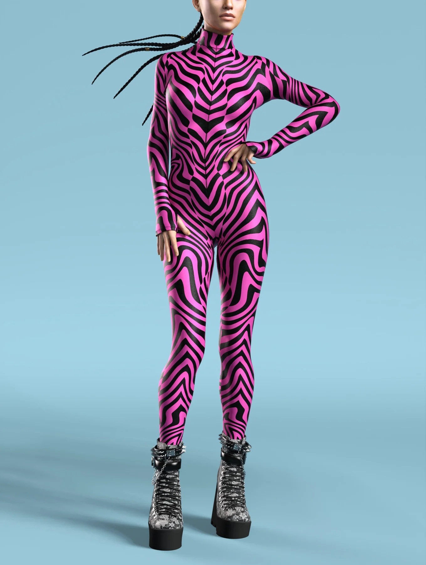 빨간색 배경이있는 검은 줄무늬 점프 수트