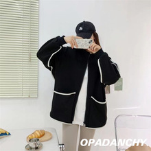 韓版冬季新款拼條寬松簡約純色凈版拉鏈開衫衛衣外套女