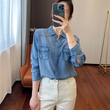 9218#2025秋季新款修身款基础休闲tian丝牛仔衬衫 长袖翻领衬衣女