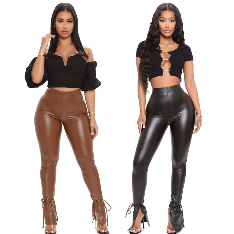 Cross-border women's autumn New tight high elastic lace-up micro Horn side slit PU leather pants in stock