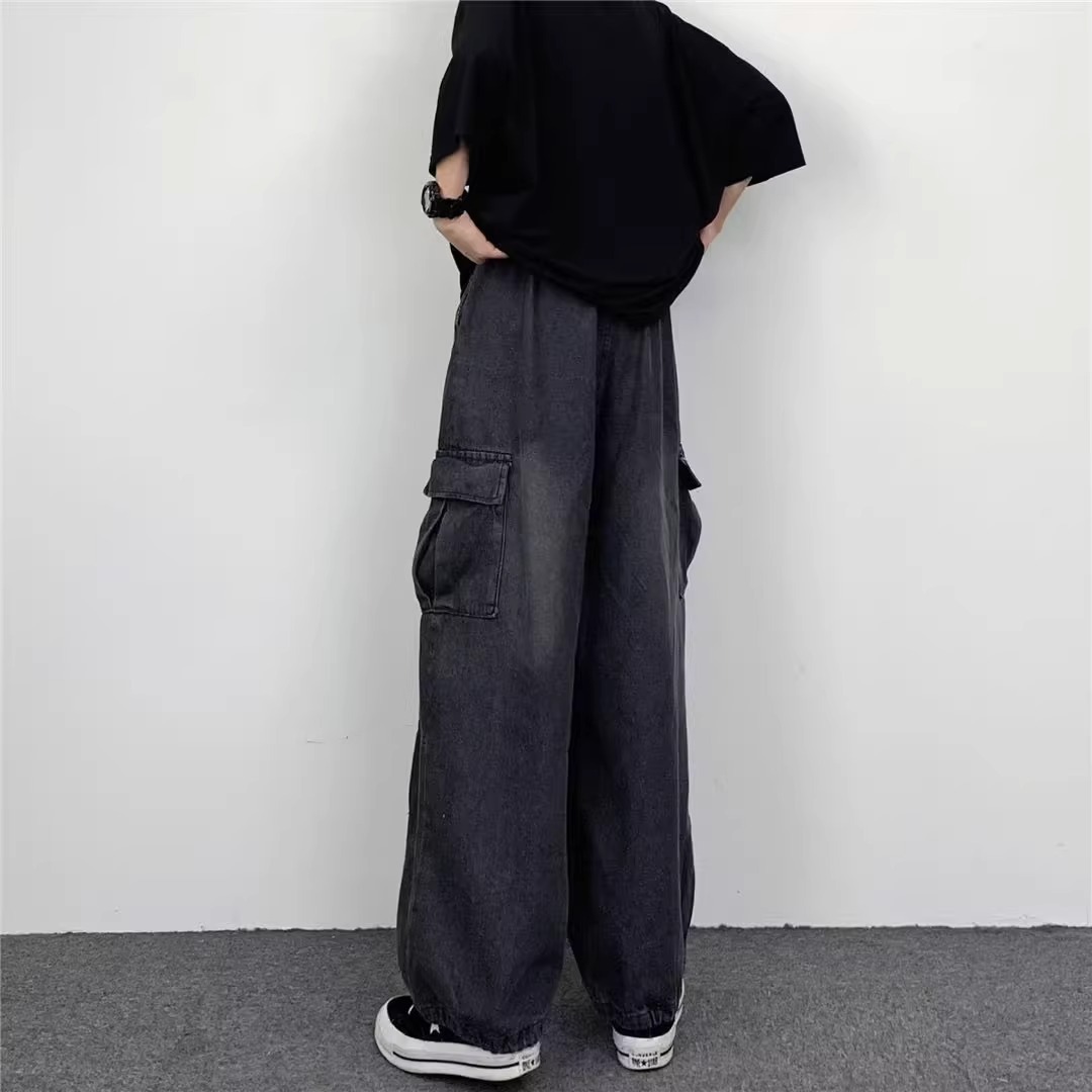 Lazy Vintage Tooling Wide-leg Jeans Men's Hong Kong Style Loose Oversize Big Pocket Retro Street Trousers_mkmklike.com