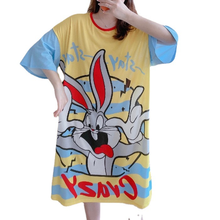 Camisón de verano de las mujeres camisón de manga corta de comercio exterior de dibujos animados pijamas delgados de una sola pieza vestido lindo homewear