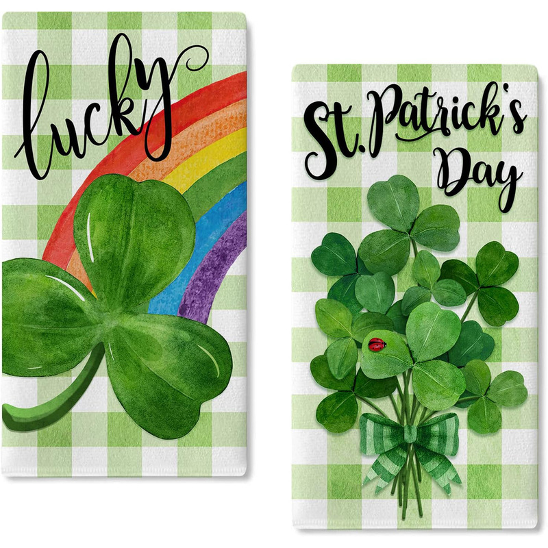 Clover Happy St. Patrick's Day green kitchen dish towel Lucky Rainbow Clover home decorations