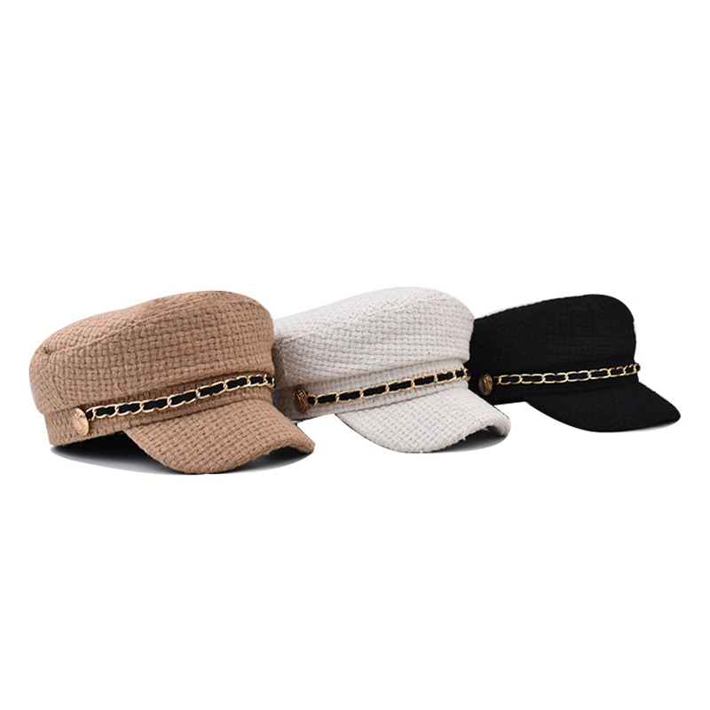 Cross-border estilo de Chanel boina de las mujeres del otoño y el invierno de la tapa del sombrero octogonal británico retro de encaje cadena de oro de la marina de guerra sombrero