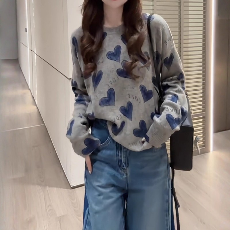慵懒宽松长袖针织衫毛衣女2025秋季大码胖MM显瘦减龄爱心字母上衣|undefined