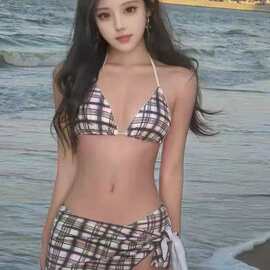 泳衣女新款俏皮复古格子比基尼分体三角纯欲风甜美可爱度假泡温泉
