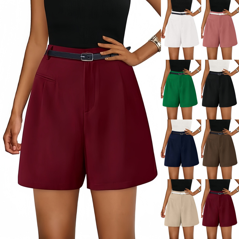 Amazon European and American Cross-border Women's Fashion Summer Elastic High Waist Wide Leg Business Casual Dress Shorts with Pocket