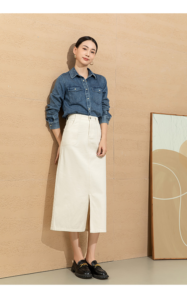 Váy denim đỏ nữ dài trung bình, cạp cao, xẻ tà, dáng thẳng — Màu đỏ Angora chi tiết 29