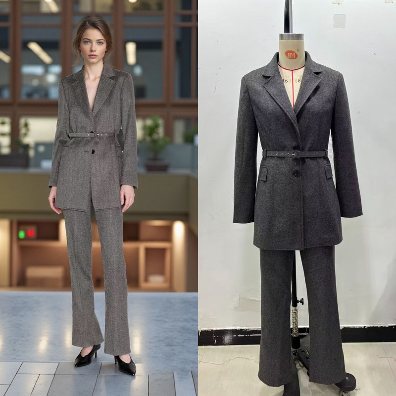 European and American Cross-Border Ready-Made Women's Casual Suit Style Belt Suit Jacket + Patterned Wool Suit Pants