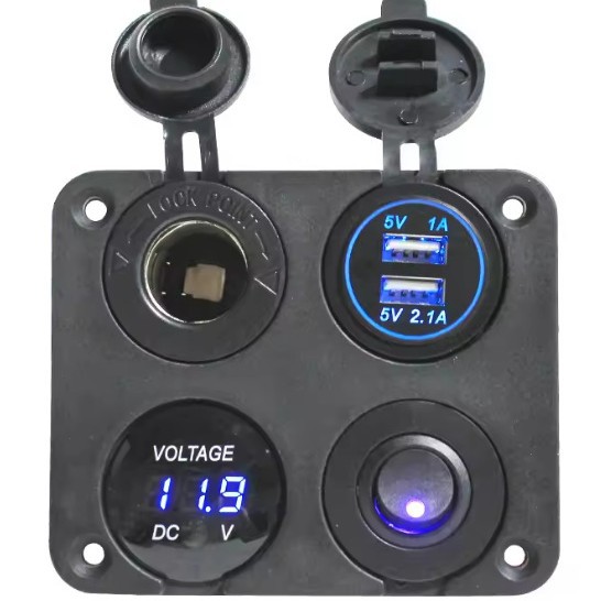 四孔汽车游艇房车船舶改装开关带点烟器双USB电压表游艇开关2.1A