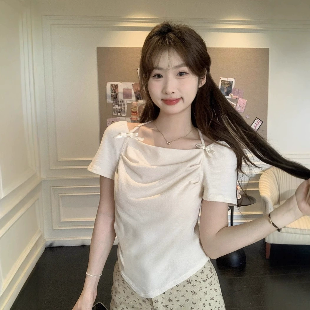 Женские летние топы с короткими рукавами и воротником-стойкой в ​​корейском стиле, новые топы нестандартного дизайна для маленьких людей