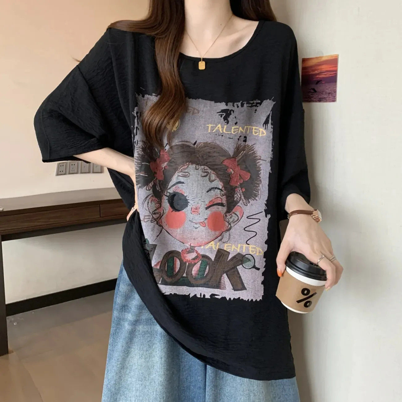 Camiseta de seda de hielo de manga corta de mm gordo de gran tamaño para mujer, camisa de fondo con estampado de dibujos animados de longitud media delgada de verano image 1