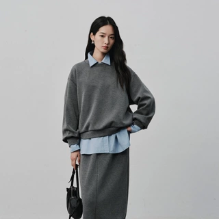 简约圆领夹棉短款卫衣女 26 秋通勤显瘦灰色宽松上衣