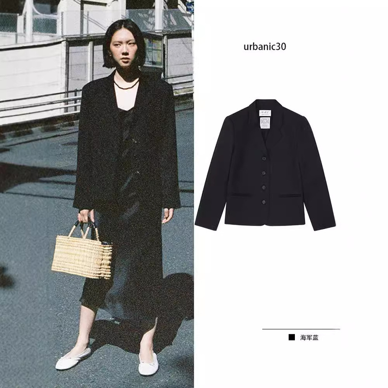 In-Stock Urbanic30 Retro Navy Blue Suit, New Korean Style Simple Solid Color Slim-Fit Blazer for Women
