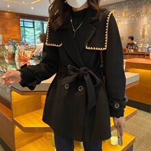 毛呢外套海军领收腰系带2023年新款小个子黑色妮子大衣