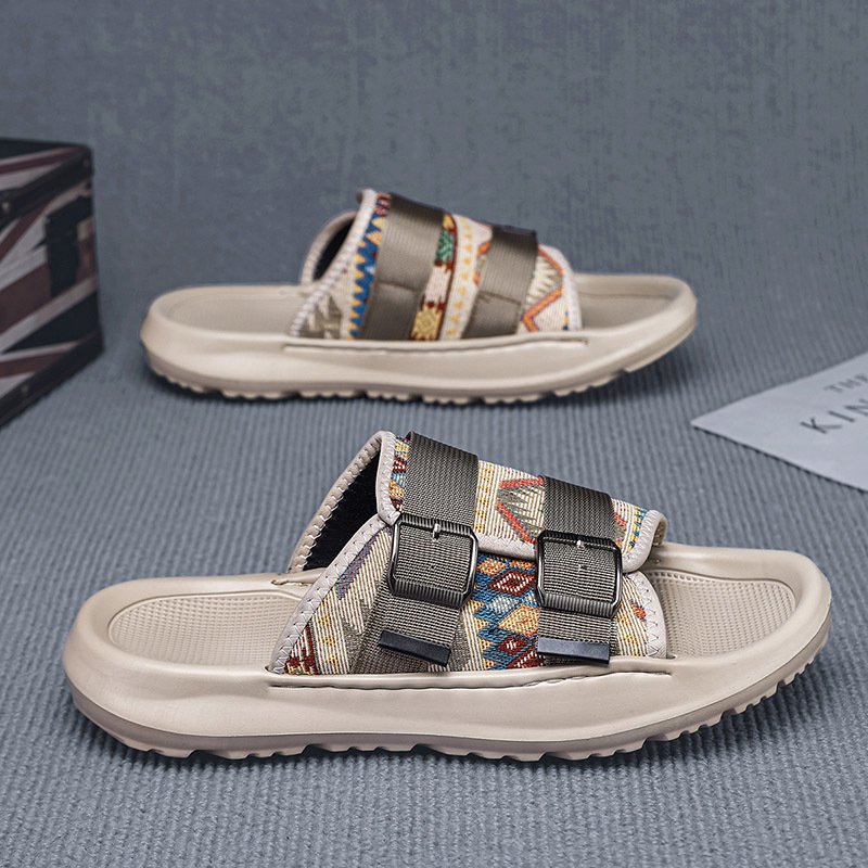 Zapatillas ropa exterior para hombres verano nuevo estilo tendencia transpirable playa al aire libre tela de ocio fondo plano pisando heces sandalias para hombres