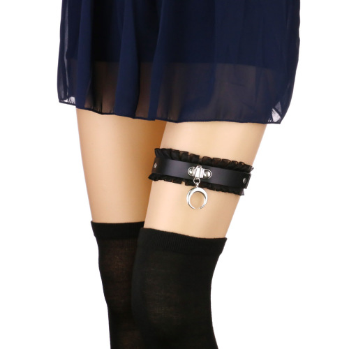 Punk bride hollow moon crescent pendant garter clip trendy lace sexy lace PU thigh ring garter belt