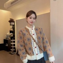 女新款毛衣针织秋冬蕾丝开衫香风韩系清新小甜美优质貂绒外套加厚