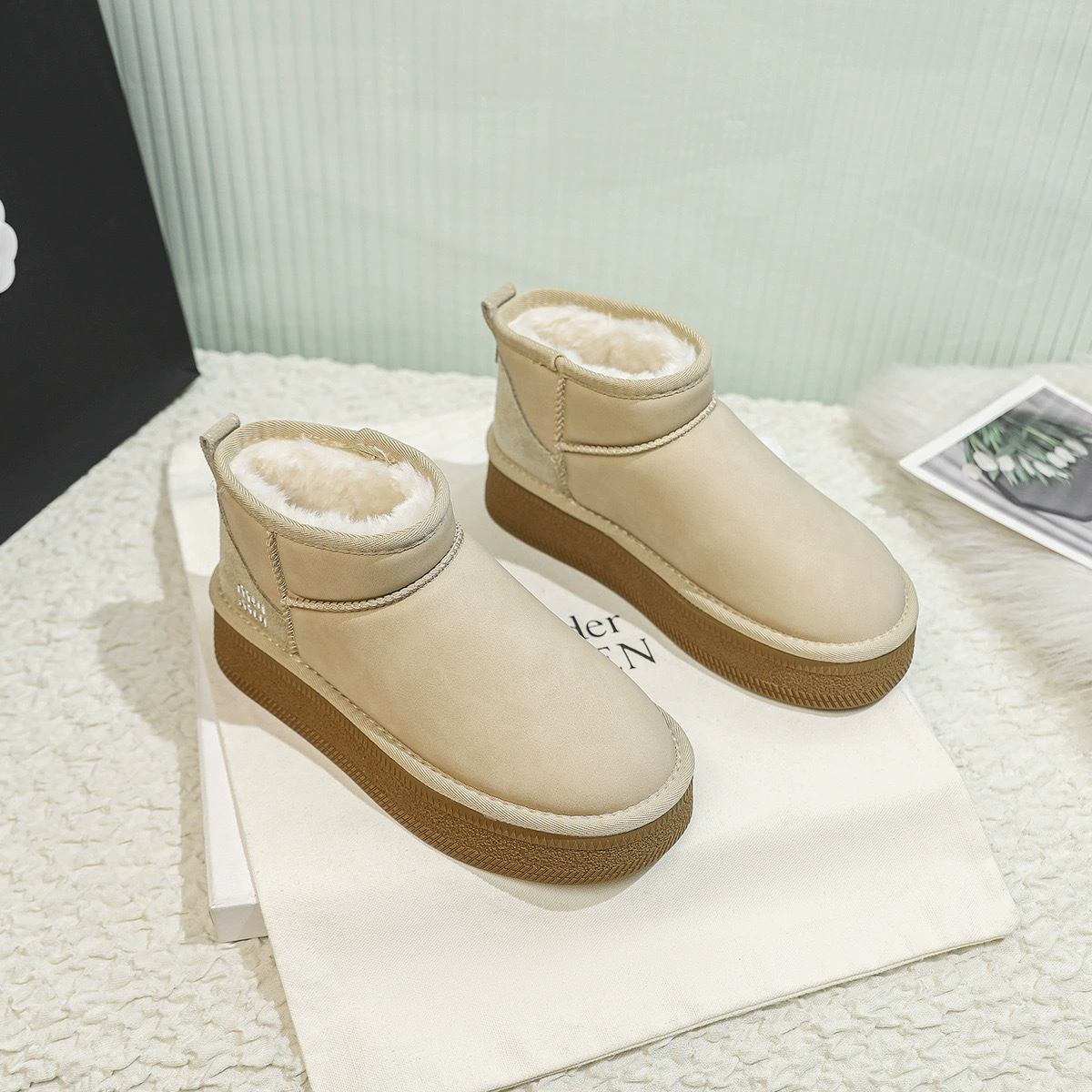 Виноградная мама из коровьей кожи Теплая толстая подошва с круглой кожей с короткой трубкой снежные сапоги женский утолщение