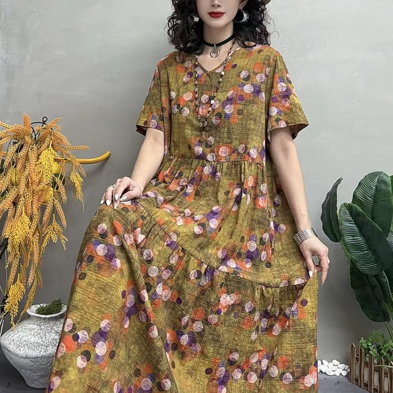 2026 Summer Collection Plus Size Cotton-Linen Long Floral Cake Dress with Country-style Lace Hem and Sweetheart Neckline for Women 2026 Summer Collection Plus Size Cotton-Linen Long Floral Cake Dress with Country-style Lace Hem and Sweetheart Neckline for Women
