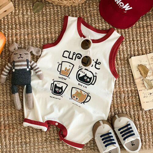 Baby jumpsuit summer coffee cat wide-shoulder sleeveless climbing suit Baby clothes Home clothes Newborn climbing suit