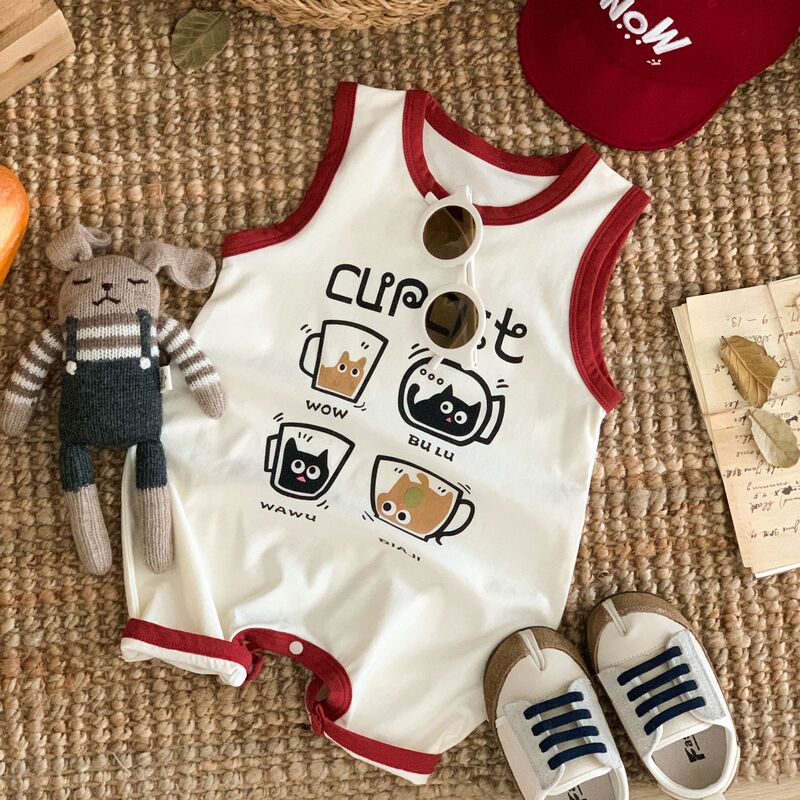 Baby Jumpsuit Summer Coffee Cat Wide Shoulder Sleeveless Crawling Suit Baby Home Clothes Newborn Crawling Suit