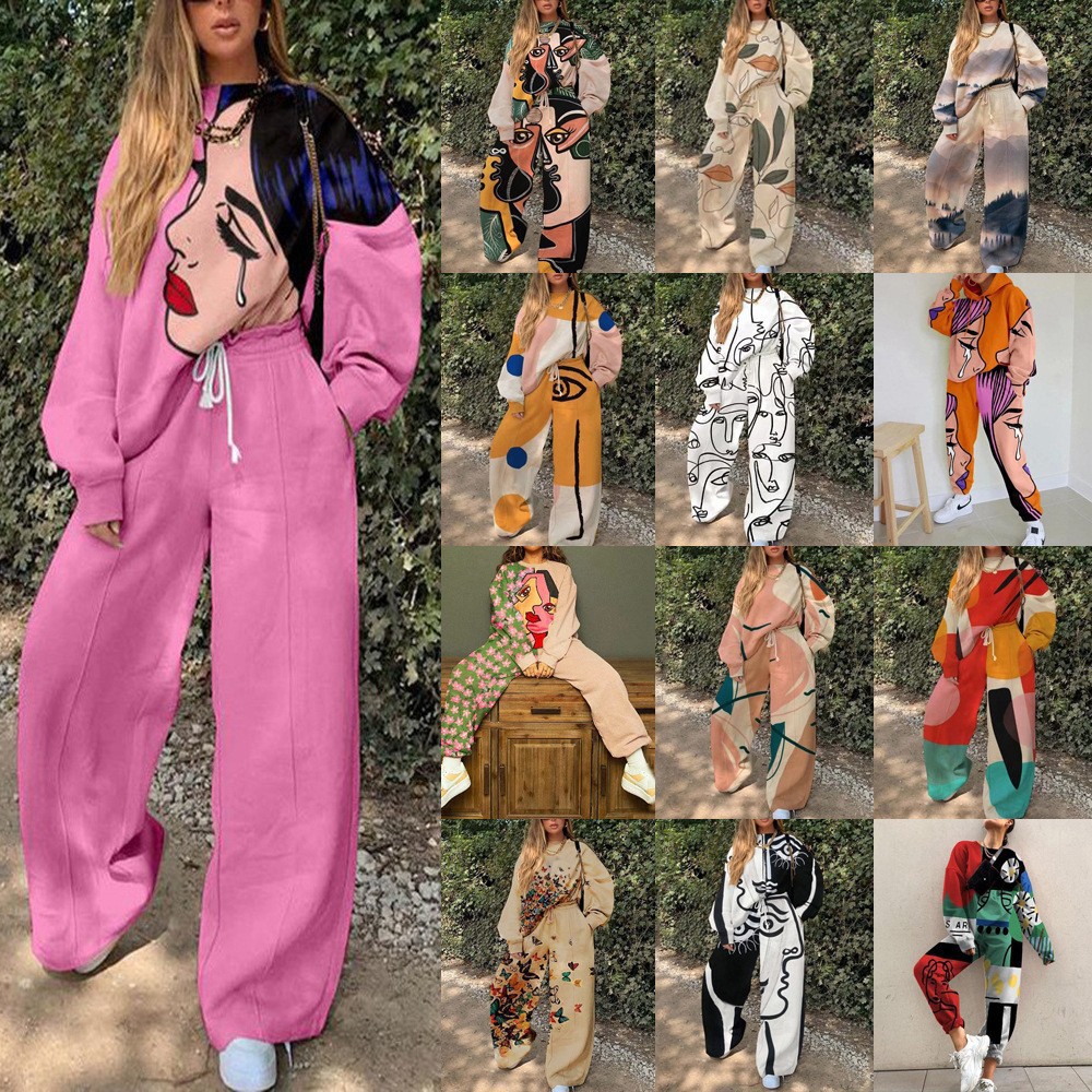 Conjunto de Sudadera Informal con Cuello Redondo y Estampado Holgado para Mujer, Estilo Europeo y Americano, Novedad de Comercio Exterior Transfronterizo para Otoño 2025