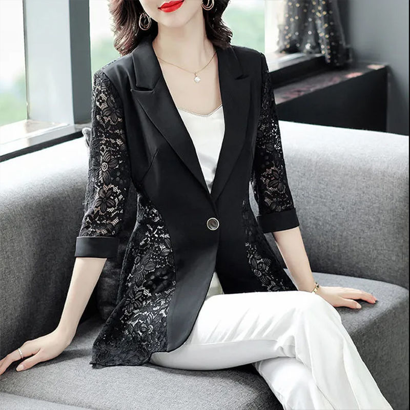 Stylish Small Suit Thin Seven-point Sleeve Jacket Women's Summer New Lace Stitching Fashionable Elegant Slim-fit Cardigan Outer