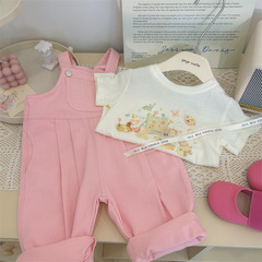 韓版童裝2024新款夏季女童卡通短袖T恤女寶寶粉色背帶褲兩件套潮