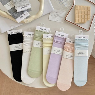 Spring and summer new thin candy color all-in-one machine boneless sewing head wood ear side pile socks classic solid color ladies tube socks