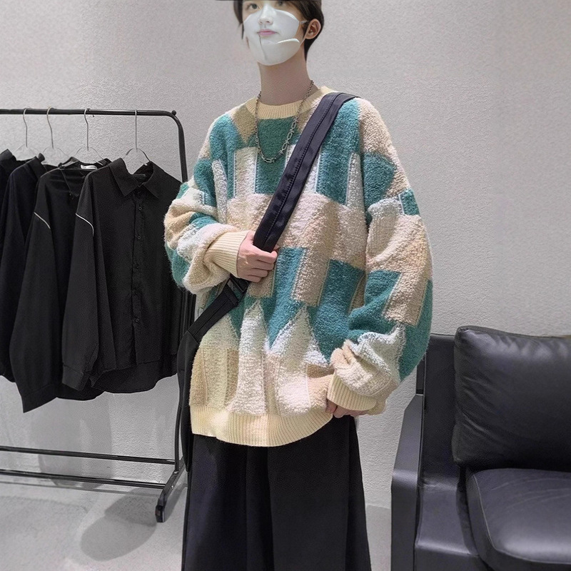 Color-Blocked Arrow Jacquard Knitwear New Spring and Autum Trendy Brand Hip-Hop Loose Couple Casual Lazy Style Knitwear for Men