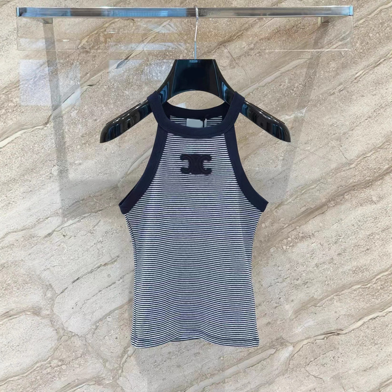 Nanyou Senior 25 Summer Arc De Triomphe Logo Stripesd Navy Holiday Style Vest Slimming Look Top