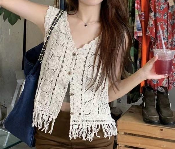 Diseño de nicho francés hueco gancho chaleco de punto chaleco de vestir suelto con bordas sin mangas chaqueta