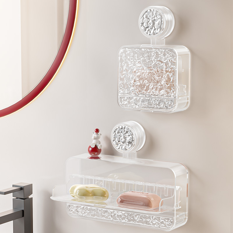 Caja de jabón con ventosa Caja de jabón sin perforación montada en la pared Estante de almacenamiento Baño doméstico con tapa Mesa de lavado de drenaje