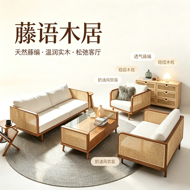 New Chinese Style Rattan Sofa Double Three Person B&B Hotel Interior Decoration Japanese Style Rattan Chair Solid Wood Sofa