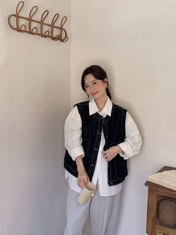25年秋款马甲女宽松休闲韩版牛仔马夹学院风开衫无袖坎肩时尚马夹|undefined