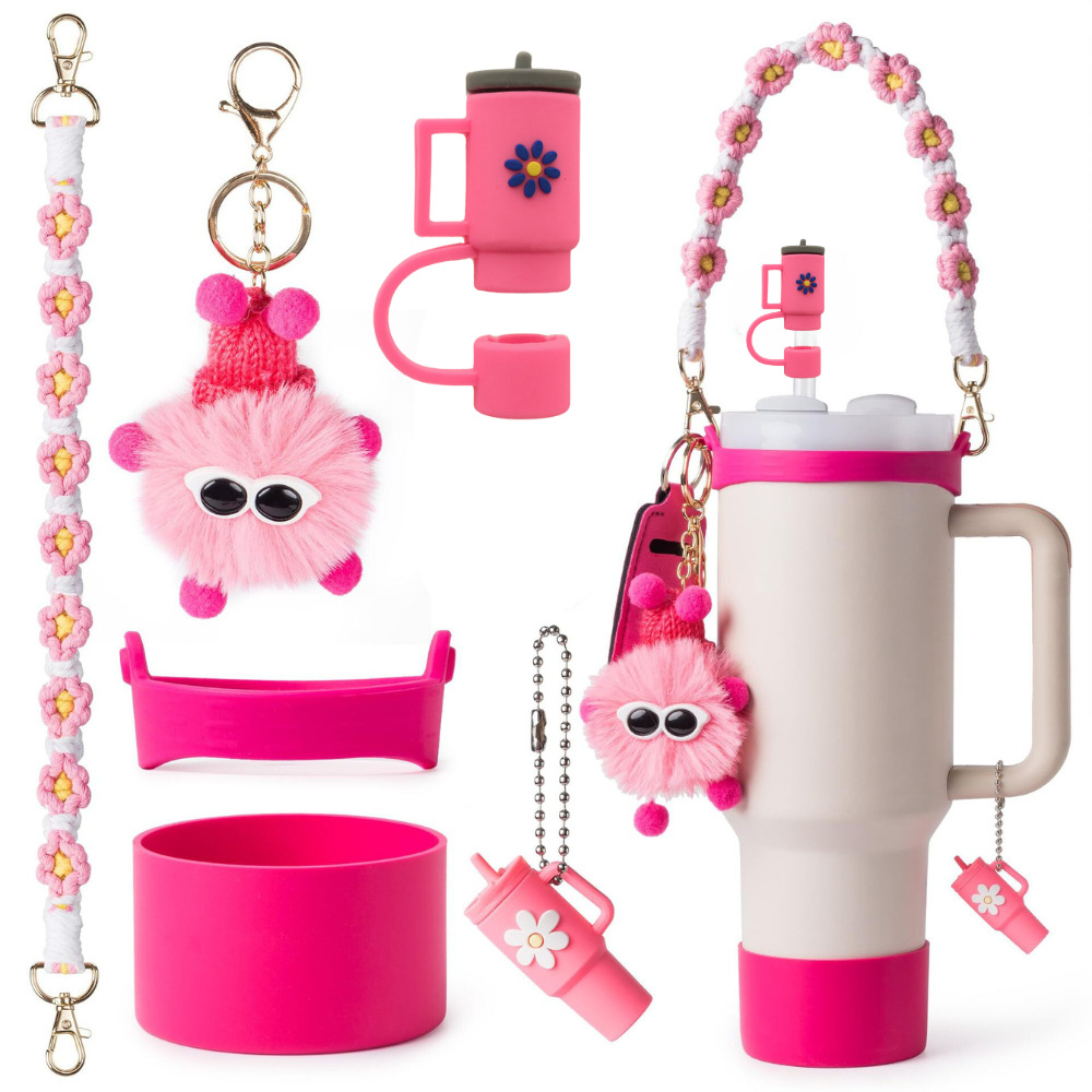 Amazon taza de calor cuentas brazalete llavero botella de agua colgante margarita gorra de paja flor colgante taza cubierta