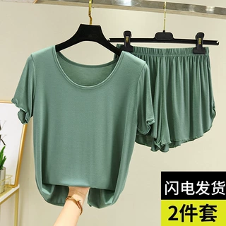 夏季简约莫代尔棉短袖T恤女宽松大码打底衫木耳边上衣短裤两件套