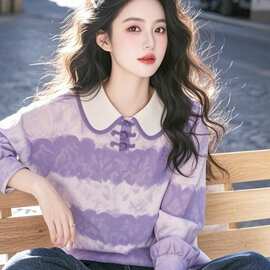 2025春季新款超好看漂亮设计感紫色印花娃娃领衬衫女春季