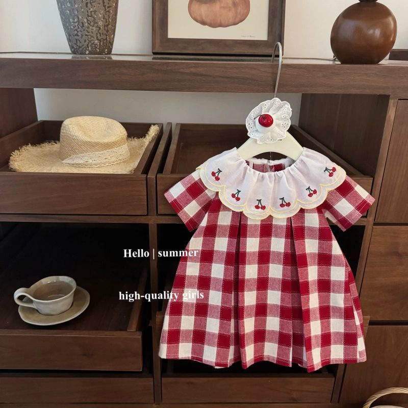 Girls Summer Dress Baby Fashionable Kidsren's Stylish Trendy Korean Style Petal Collar Cherry Plaid Red Princess Dress